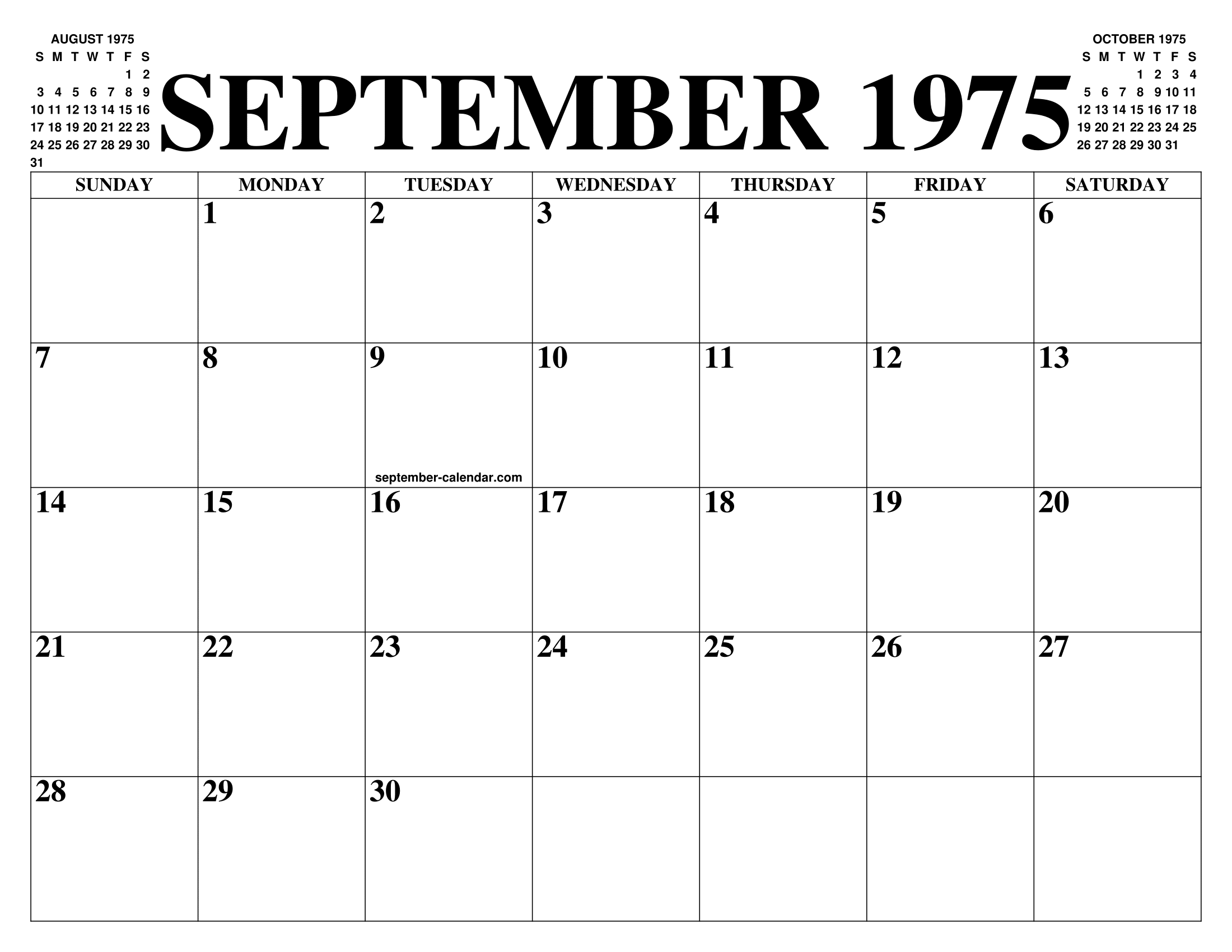 SEPTEMBER 1975 CALENDAR OF THE MONTH: FREE PRINTABLE SEPTEMBER CALENDAR OF  THE YEAR - AGENDA