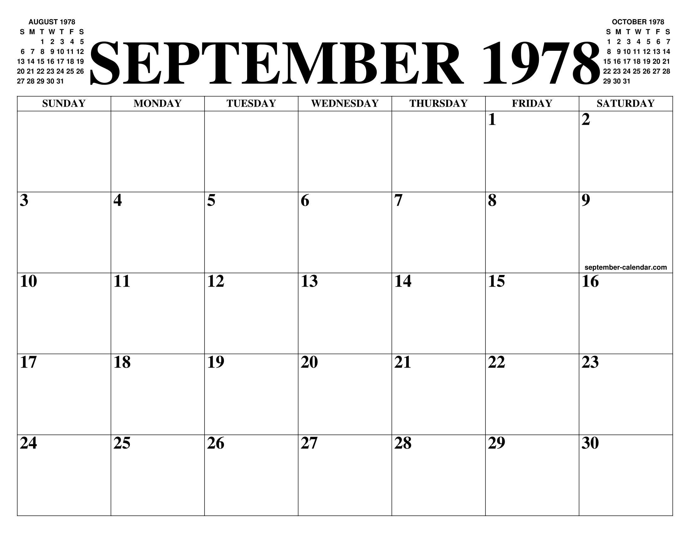 SEPTEMBER 1978 CALENDAR OF THE MONTH: FREE PRINTABLE SEPTEMBER CALENDAR OF THE YEAR - AGENDA