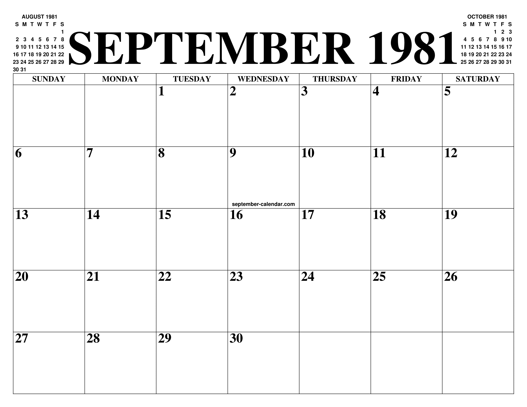 SEPTEMBER 1981 CALENDAR OF THE MONTH: FREE PRINTABLE SEPTEMBER CALENDAR OF THE YEAR - AGENDA SEPTEMBER 1981 CALENDAR OF THE MONTH: FREE PRINTABLE SEPTEMBER CALENDAR OF THE YEAR - AGENDA