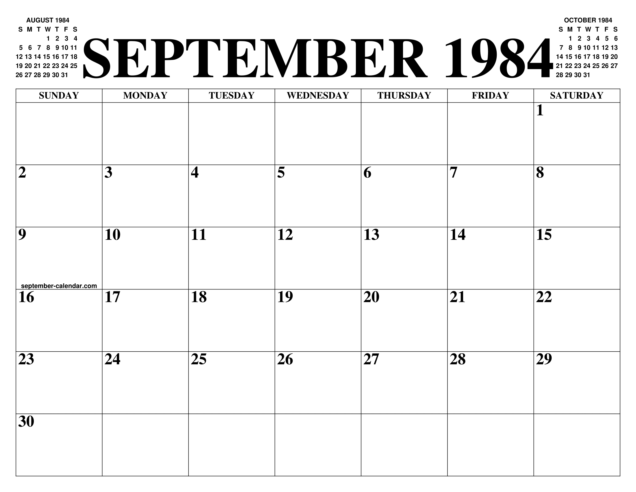 SEPTEMBER 1984 CALENDAR OF THE MONTH: FREE PRINTABLE SEPTEMBER CALENDAR OF  THE YEAR - AGENDA