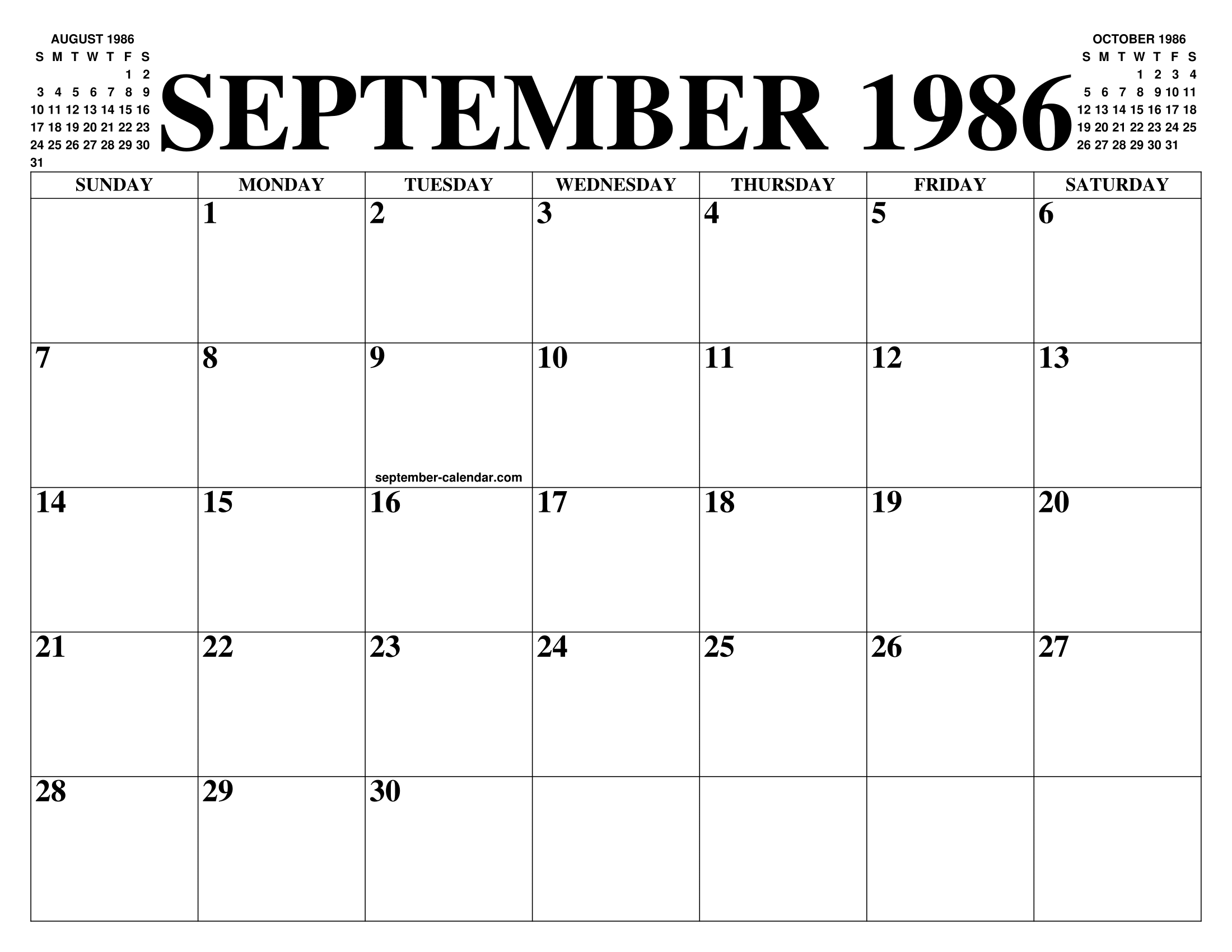 SEPTEMBER 1986 CALENDAR OF THE MONTH FREE PRINTABLE SEPTEMBER CALENDAR 