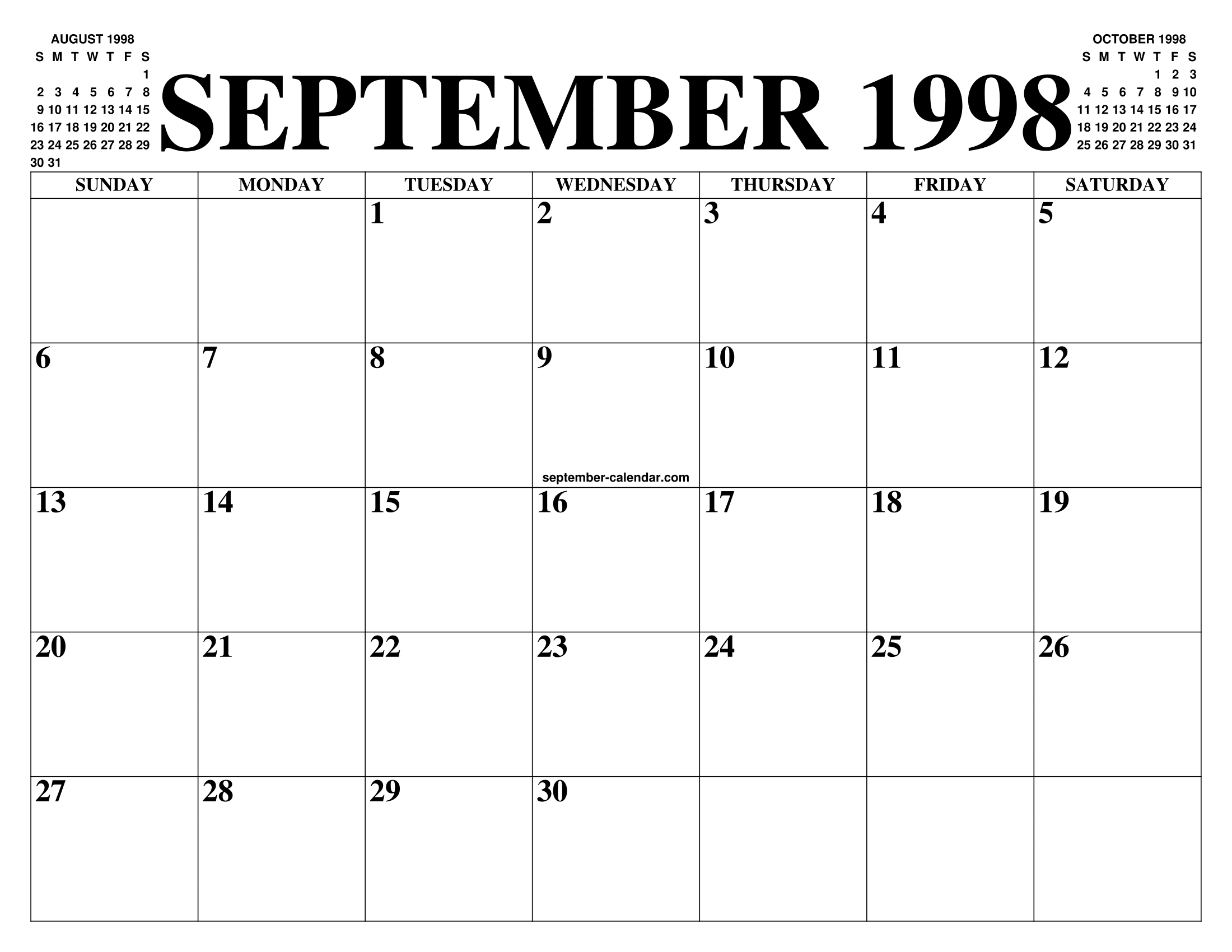 SEPTEMBER 1998 CALENDAR OF THE MONTH: FREE PRINTABLE