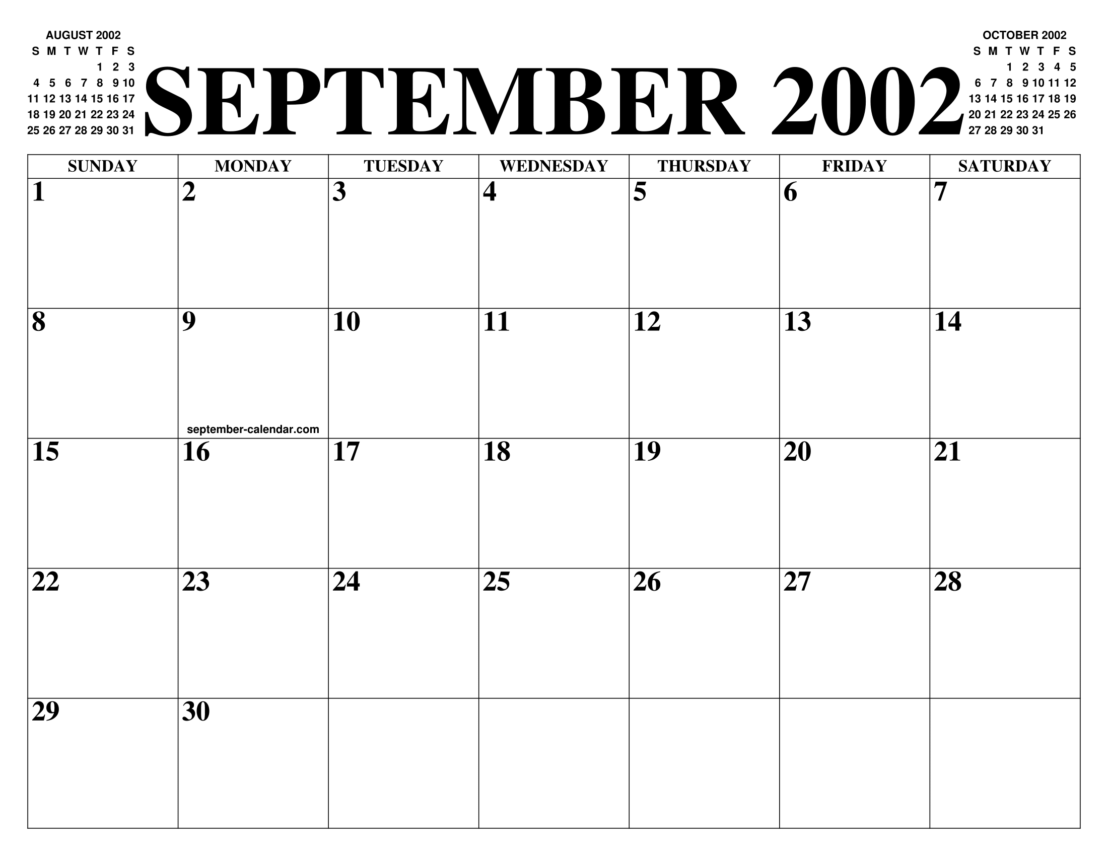 SEPTEMBER 2002 CALENDAR OF THE MONTH: FREE PRINTABLE SEPTEMBER CALENDAR OF THE YEAR - AGENDA
