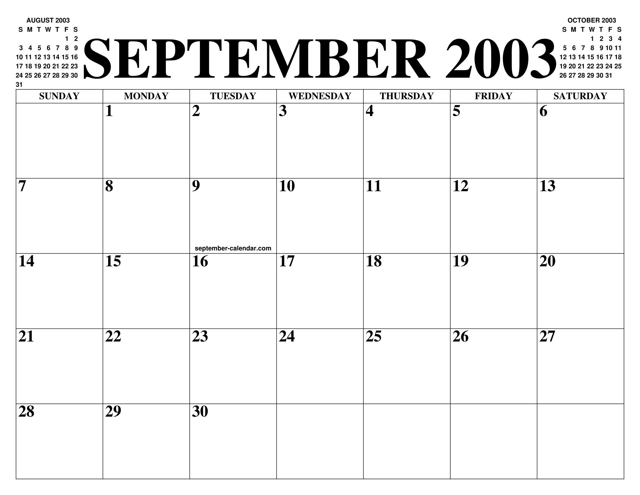 SEPTEMBER 2003 CALENDAR OF THE MONTH FREE PRINTABLE SEPTEMBER CALENDAR