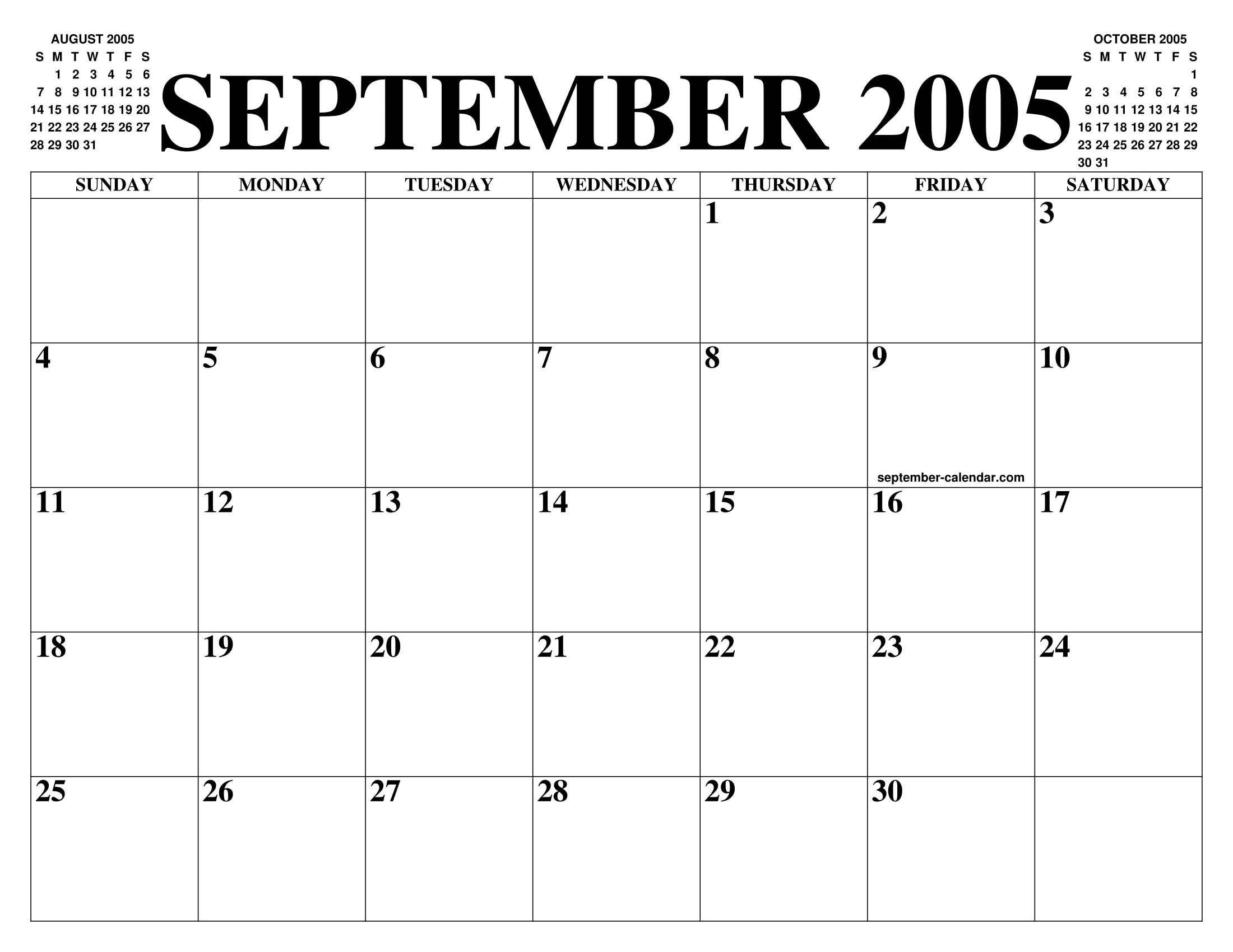 SEPTEMBER 2005 CALENDAR OF THE MONTH: FREE PRINTABLE SEPTEMBER CALENDAR OF THE YEAR - AGENDA