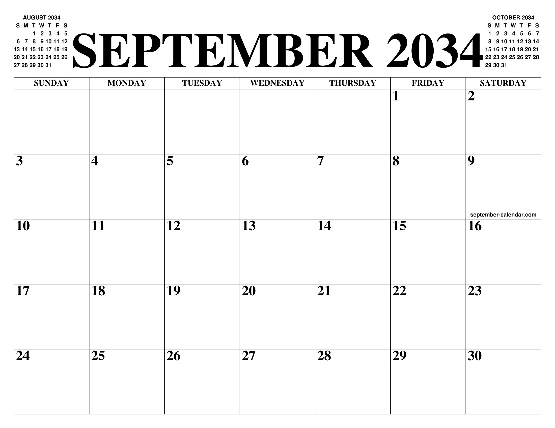 SEPTEMBER 2034 CALENDAR OF THE MONTH: FREE PRINTABLE SEPTEMBER CALENDAR OF THE YEAR - AGENDA